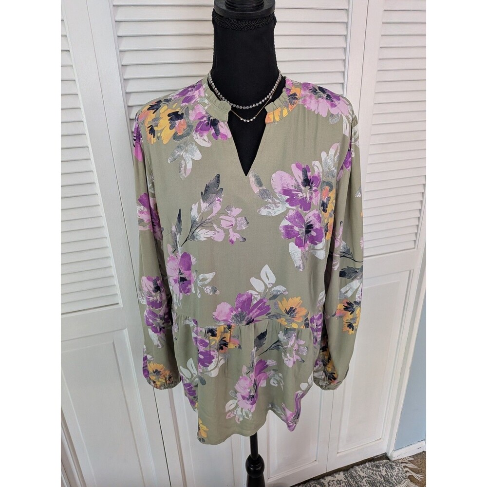 Denim & Company Blouse Women's M Green Yellow Floral Peasant V-Neck Boho Hippie